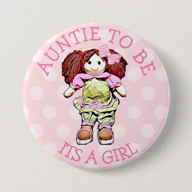 Aunt to be Pink Doll Baby Shower Button (Front)
