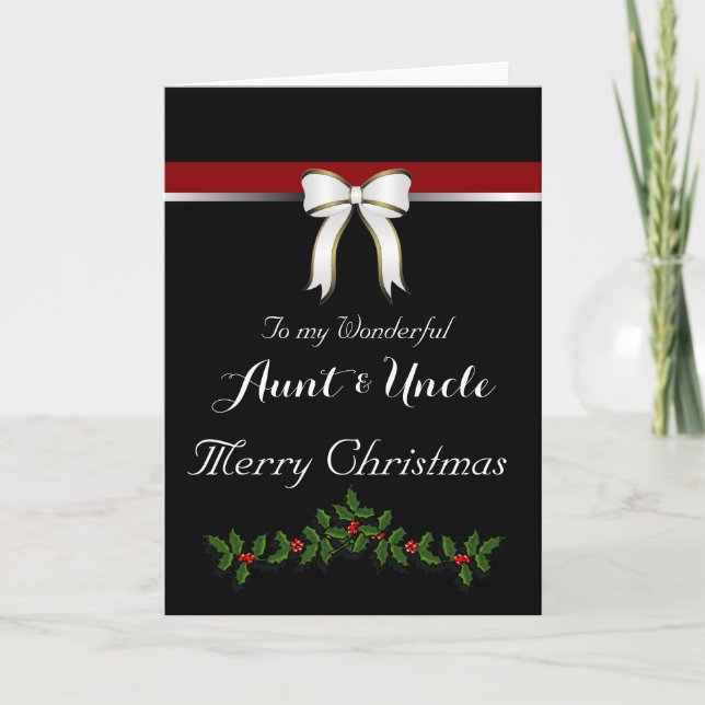 Aunt / Uncle Merry Christmas - Bow/ Holly on Black Holiday Card (Front)