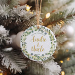 Auntie and Uncle First Christmas  Ceramic Ornament<br><div class="desc">Celebrate the new auntie and uncle with this modern watercolor greenery eucalyptus Christmas wreath with blue and green and golden leaves - simply customize it with the year or click “customize further” to add more text,  change the background colour or add a photo.</div>