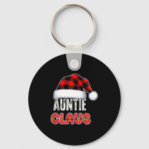 Auntie Claus Buffalo Plaid Red Santa Hat Christmas Keychain