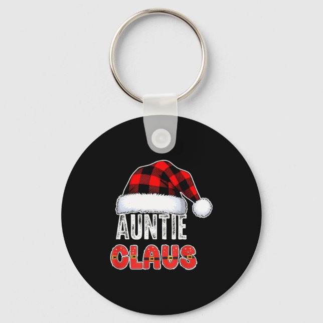 Auntie Claus Buffalo Plaid Red Santa Hat Christmas Keychain (Front)