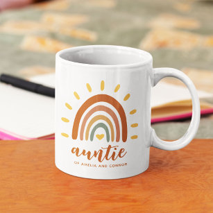 Auntie Custom Name Boho Earth Tone Rainbow Sun Coffee Mug