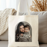 Auntie Est year handwritten script heart Tote Bag<br><div class="desc">Tote bag with the text "Auntie" in a handwritten style script font with a little heart at the end and the year below as an overlay over your custom photo.</div>