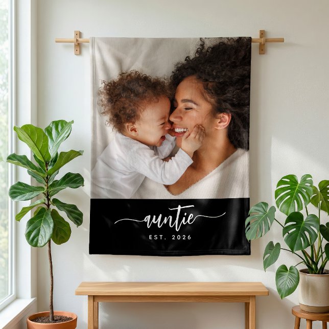 Auntie Established Black Elegant Script Photo Fleece Blanket (Creator Uploaded)