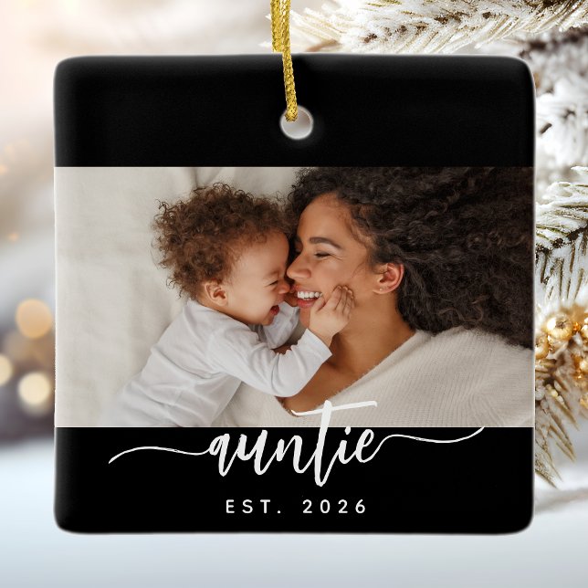 Auntie Established Black White Script Photo Ceramic Ornament (Creator Uploaded)