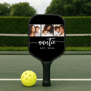 Auntie Established Elegant Script Black 3 Photo Pickleball Paddle