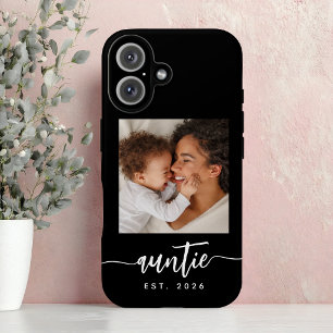 Auntie Established Elegant Script Photo Black iPhone 16 Case