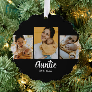 Auntie Established Modern Script Black 3 Photo Ornament Card