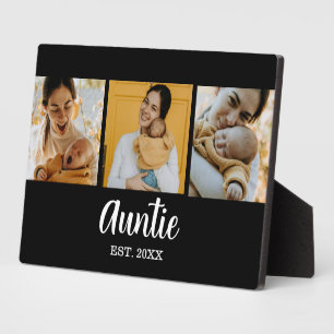 Auntie Established Modern Script Black 3 Photo Plaque