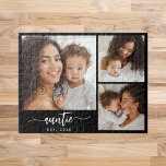 Auntie Established Script Typography 3 Photo  Jigsaw Puzzle<br><div class="desc">Auntie Established Modern Script Typography Black 3 Photo Design - Celebrate the new auntie in the family with this fun black and white jigsaw puzzle. The word "auntie" appears in elegant white script on a black background, with the words "EST." ("Established") and the year below. Easily replace the three sample...</div>