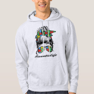 Auntie Life Autism Awareness Messy Bun Girl Mother Hoodie