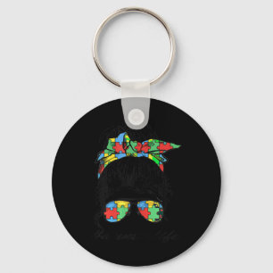 Auntie Life Autism Awareness Messy Bun Girl Mother Keychain