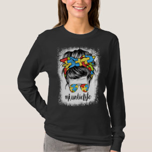Auntie Life Messy Bun Hair Bandana Glasses Autism T-Shirt
