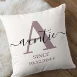 Auntie Monogram Elegant Script Mauve Throw Pillow<br><div class="desc">Pillow for auntie - new or long established, which you can personalize with the date they became an aunt. This trendy minimalist design has a subtle colour palette of mauve heather, black and white. It has an auntie monogram, with the initial letter A and the name auntie, lettered in modern...</div>