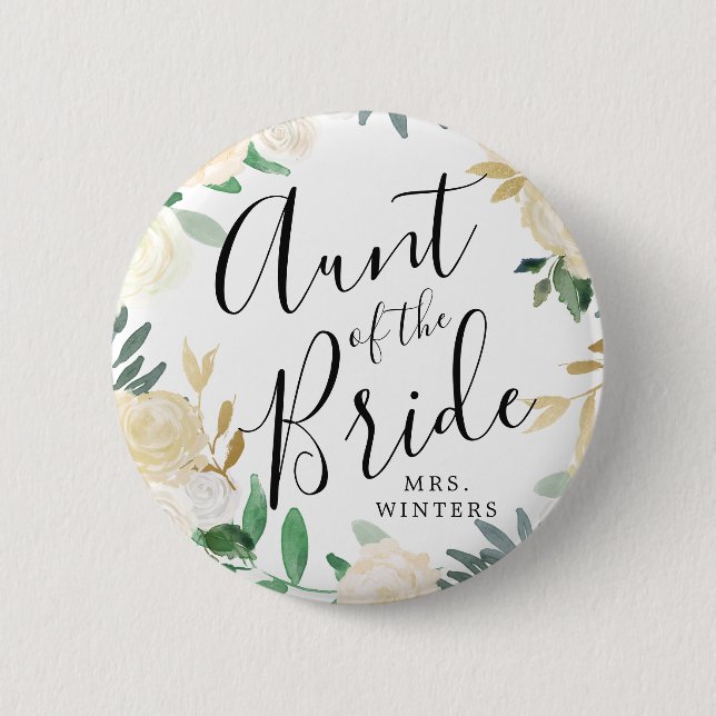 Auntie of the Bride | White Rose Bouquet Wedding 2 Inch Round Button (Front)