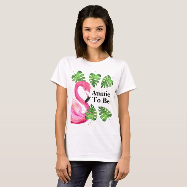 Auntie To Be Flamingo Tropical Leaves Party  T-Shirt (Front Full)