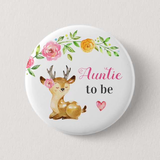 Auntie to be New Aunt Baby Girl Shower Woodland 2 Inch Round Button (Front)