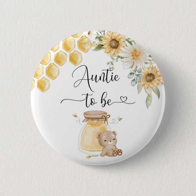 Auntie to be sunflower honey bear 2 inch round button (Front)