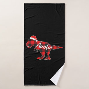 Auntiesaurus - T-Rex Aunt Red Plaid Christmas Dino Bath Towel