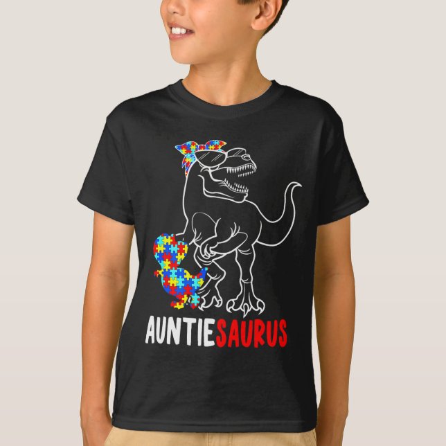 Auntiesaurus T Rex Dinosaur Autism Awareness Aunti T-Shirt (Front)