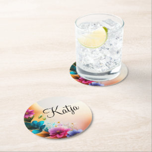 Auqarell Blumen auf Halbmond Round Paper Coaster