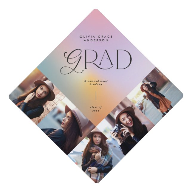 Aura pastel rainbow multi photo typography graduation cap topper (Front)