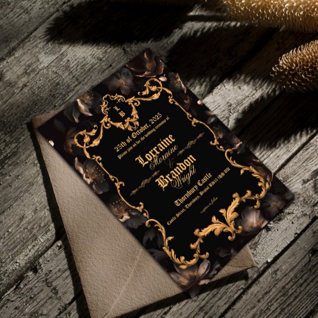 Aurelian Nightfall Gothic Wedding Invitation Black (victorian dark gothic floral wedding invitation with gold ornate frame on wooden rustic surface)