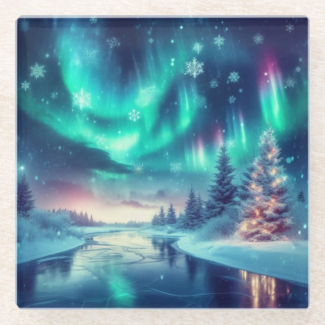 aurora borealis/Christmas/Winter Glass Coaster (Front)