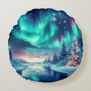 aurora borealis/Christmas/Winter Round Pillow