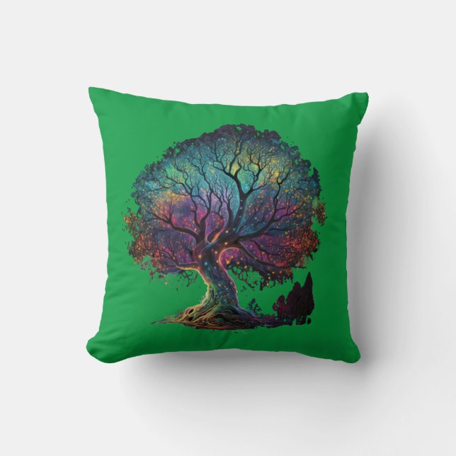 Aurora Borealis Illuminated Tree Illustration T-Sh Throw Pillow (Front)