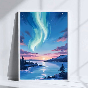Aurora Borealis Lake Dreamy Night Landscape Poster