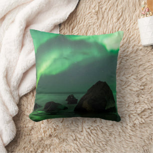 Aurora Borealis Lofoten Beach Norway Throw Pillow