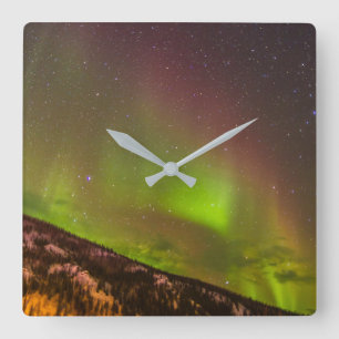 Aurora Borealis   Mountains Fairbanks Alaska Square Wall Clock