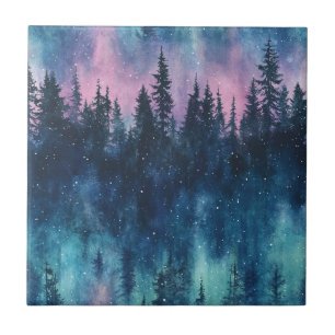 Aurora Borealis Night Sky Pine Forest Glow Tile