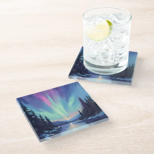 Aurora Borealis Northern Lights Watercolor Glass Coaster
