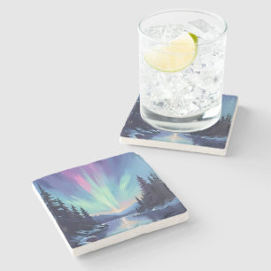 Aurora Borealis Northern Lights Watercolor Stone Coaster