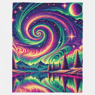 “Aurora Borealis Over Reflective Lake” Fleece Blanket