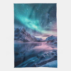 Aurora Borealis Over Snowy Mountain Landscape Kitchen Towel