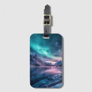 Aurora Borealis Over Snowy Mountain Landscape Luggage Tag