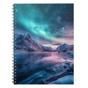 Aurora Borealis Over Snowy Mountain Landscape Notebook