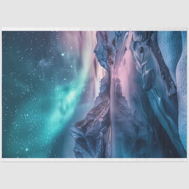 Aurora Borealis Over Snowy Mountain Landscape Tissue Paper (Front)