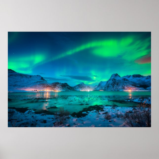 Aurora borealis over the sea coast, snowy mountain poster (Front)