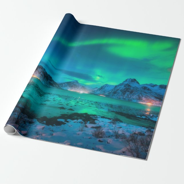 Aurora borealis over the sea coast, snowy mountain wrapping paper (Unrolled)
