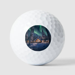 Aurora borealis over winter cabin golf balls