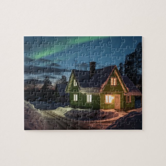 Aurora borealis over winter cabin jigsaw puzzle (Horizontal)