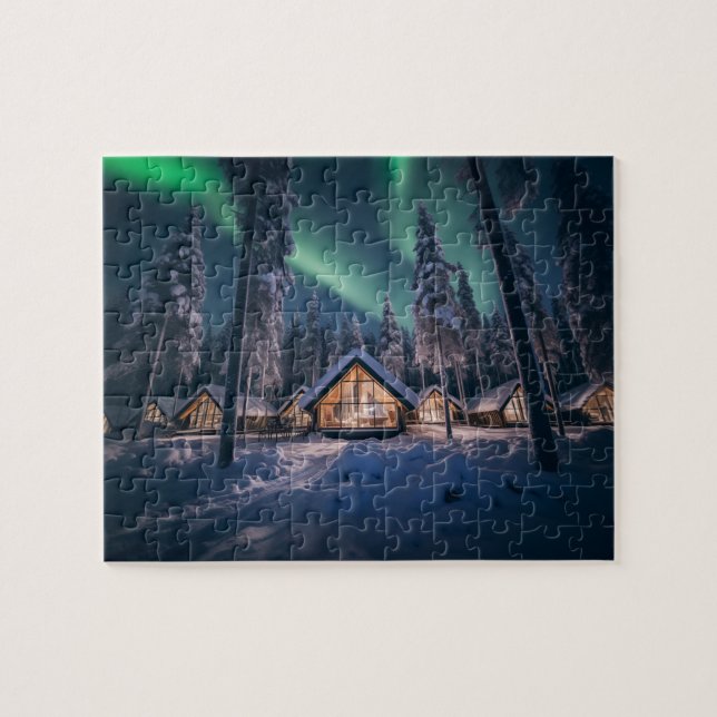 Aurora borealis over winter cabin jigsaw puzzle (Horizontal)