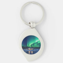 Aurora borealis over winter cabin