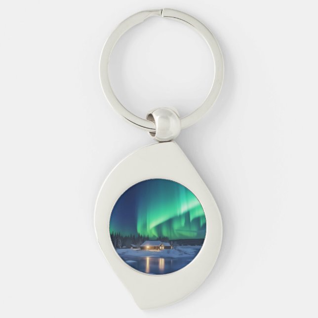 Aurora borealis over winter cabin keychain (Front)
