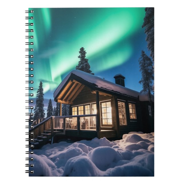 Aurora borealis over winter cabin notebook (Front)