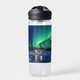 Aurora borealis over winter cabin water bottle